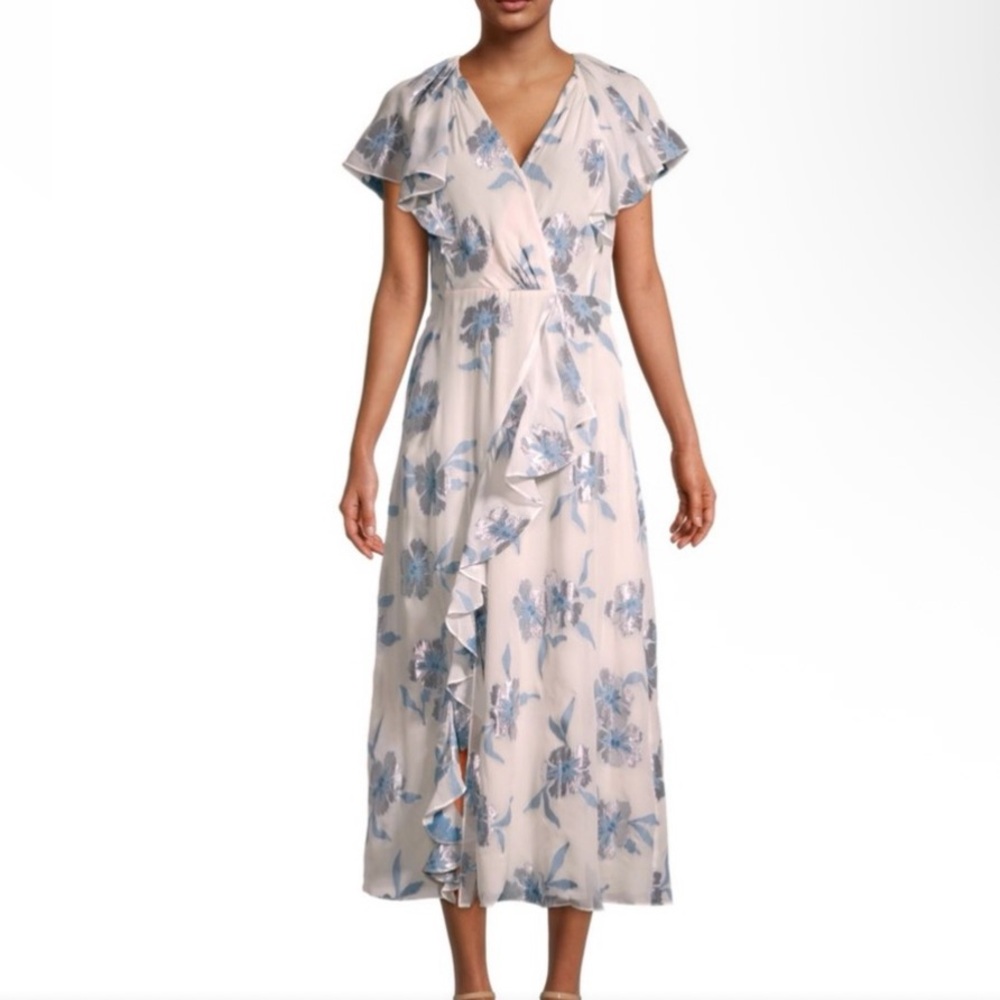 Rebecca Taylor Metallic Floral Ruffle Midi maxi dress size 4